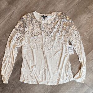 INC International Concepts Silver Sequin Long Sleeve Top